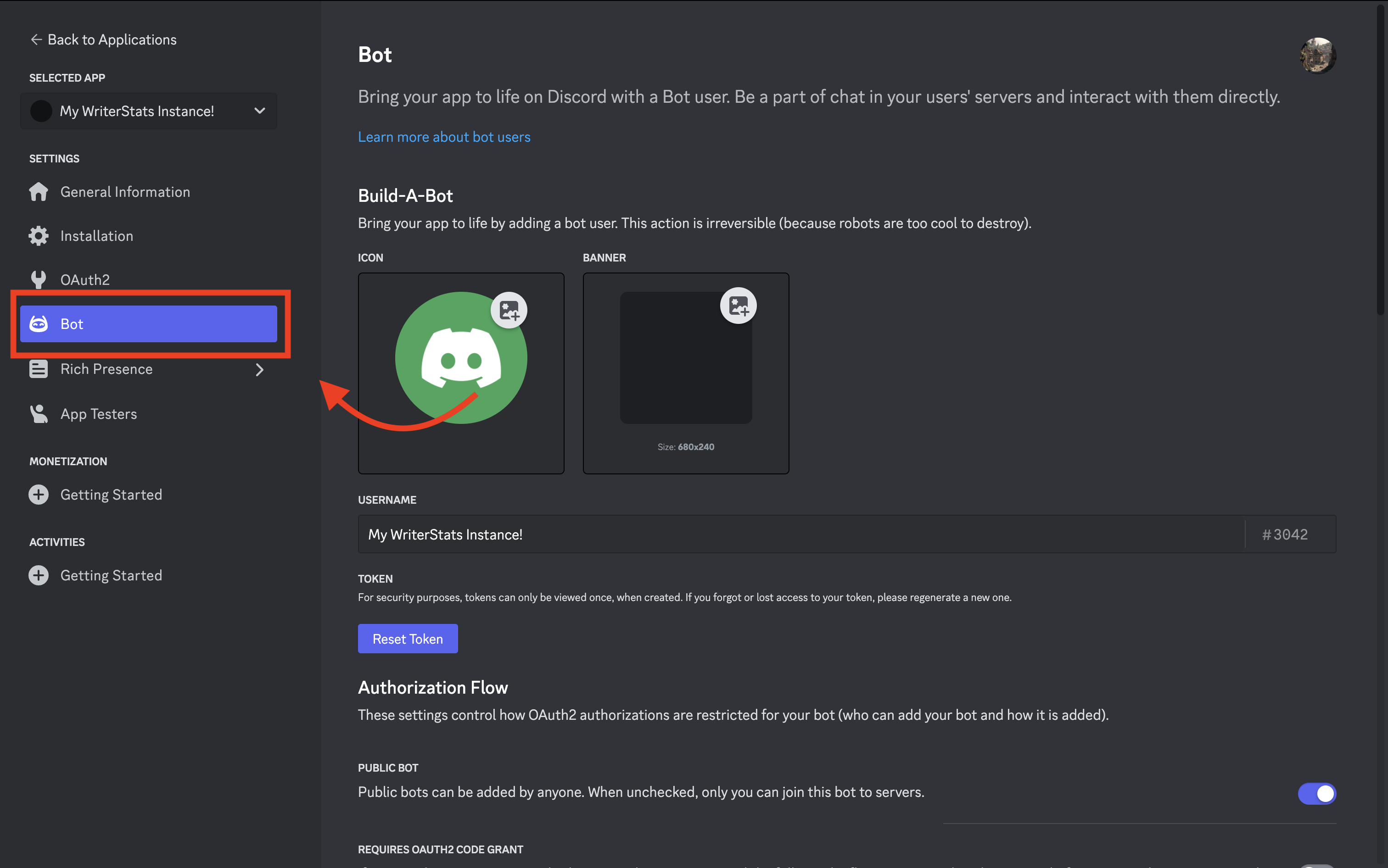 An image of the bot tab on the discord developer portal.