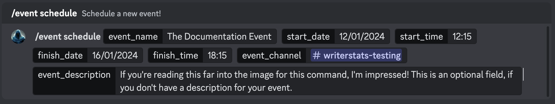 A screenshot of an event being scheduled using /event schedule.