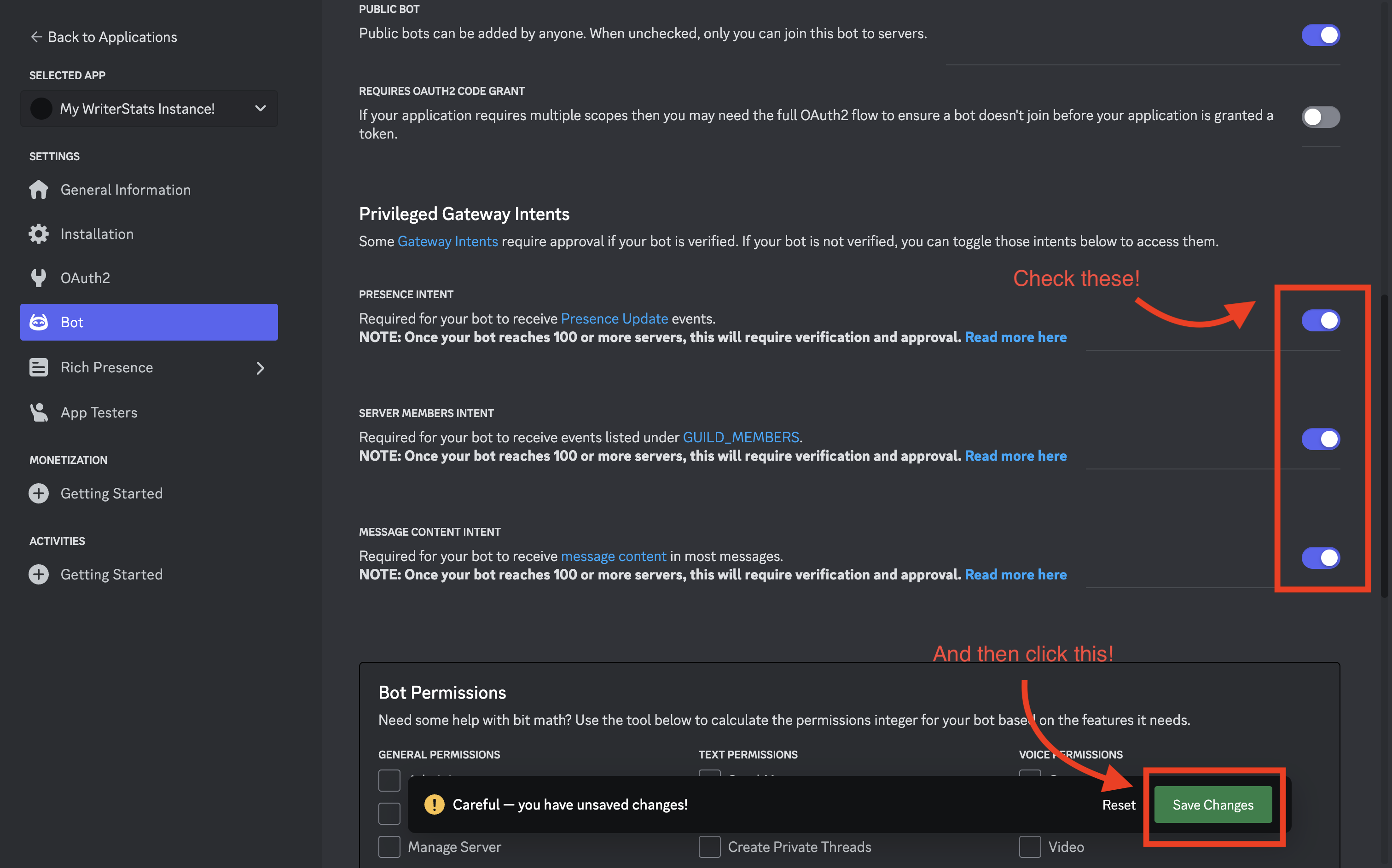 An image of the bot tab on the discord developer portal, with all three privileged intents checked.