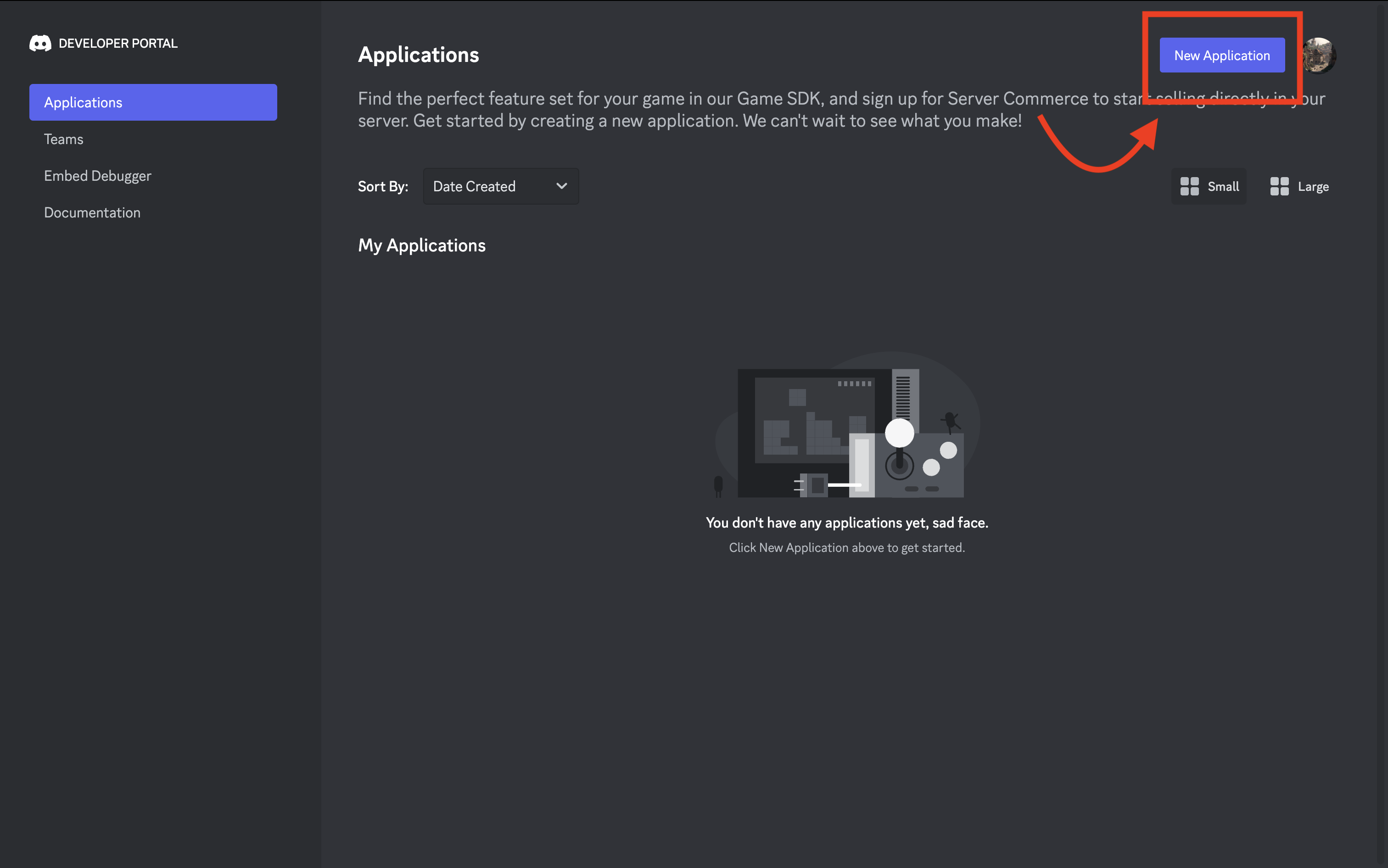 An image of the discord developer portal, with the new application button highlighted.