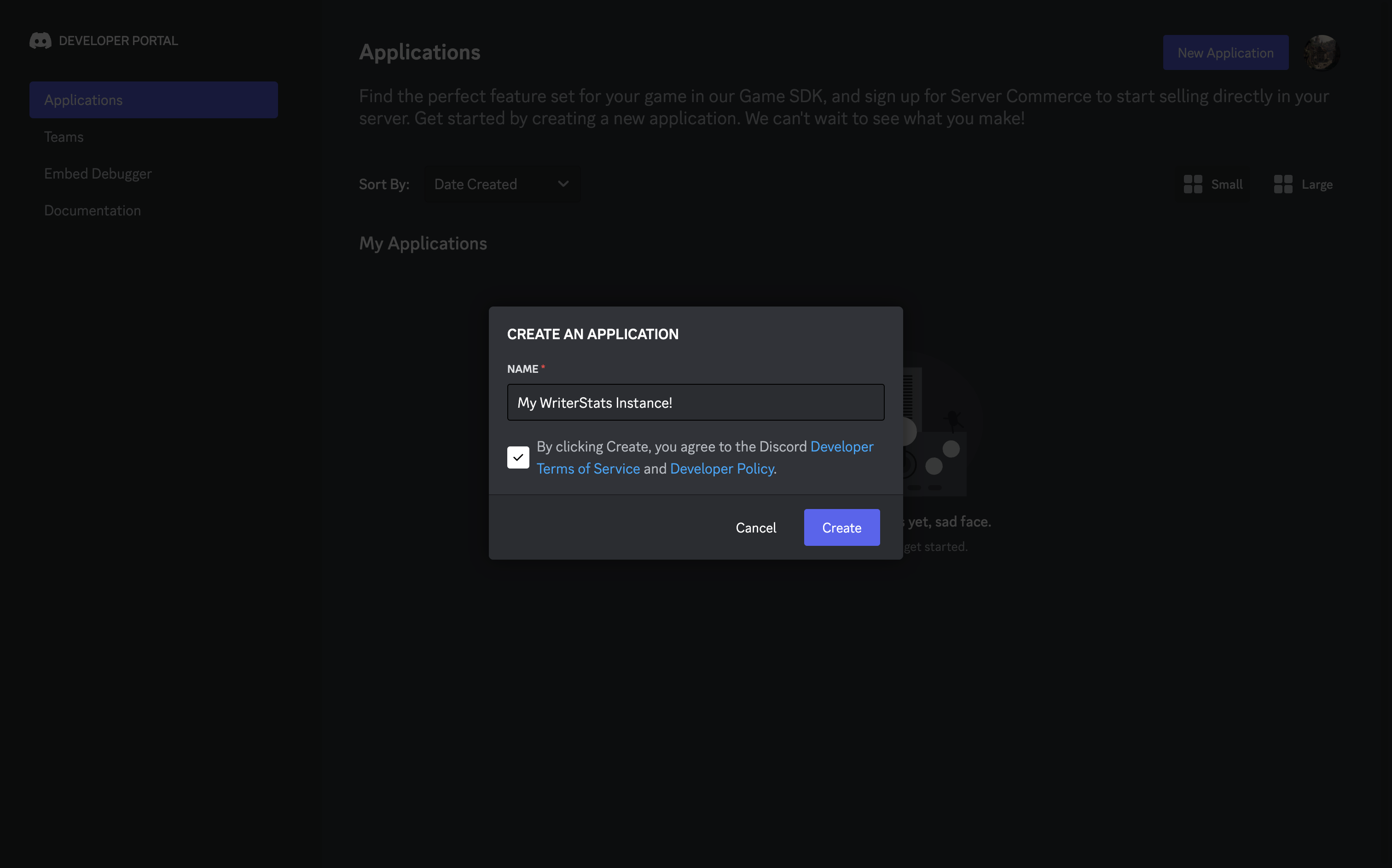 An image of the discord developer portal, with a name typed in to the new app box.