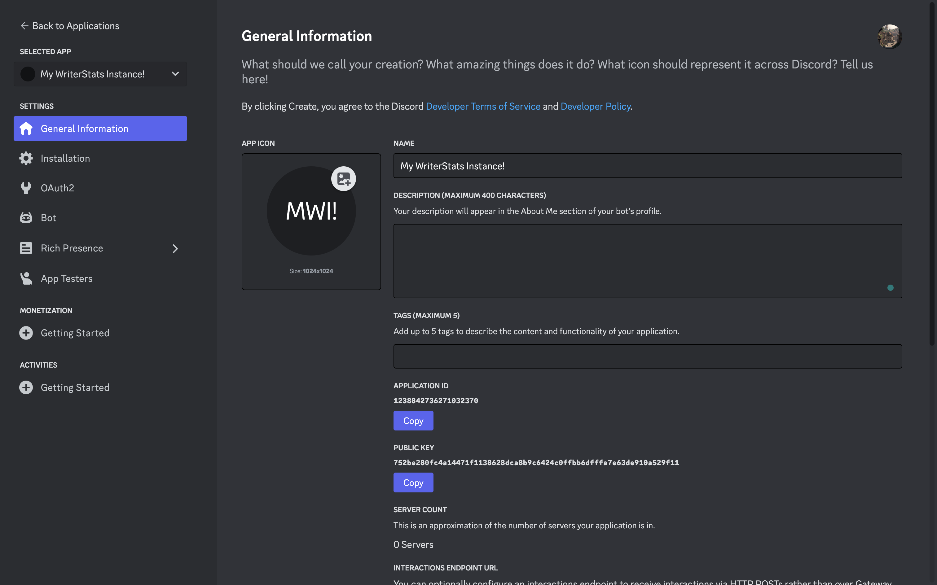 An image of the discord developer portal in the &quot;General Information&quot; tab for a new app.